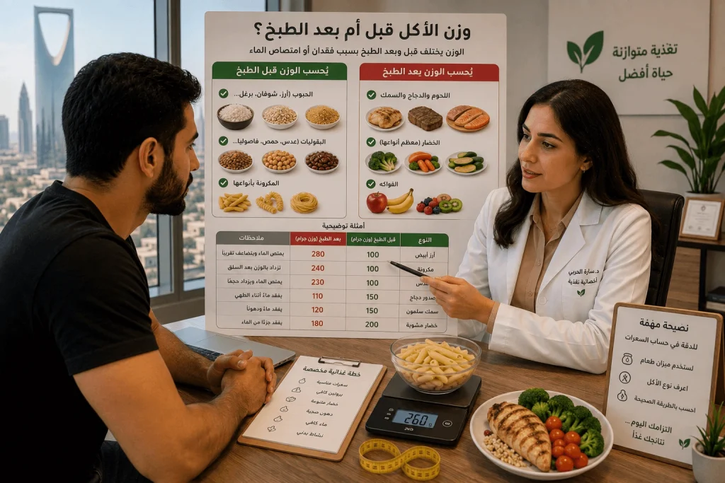 وزن الأكل قبل أم بعد الطبخ